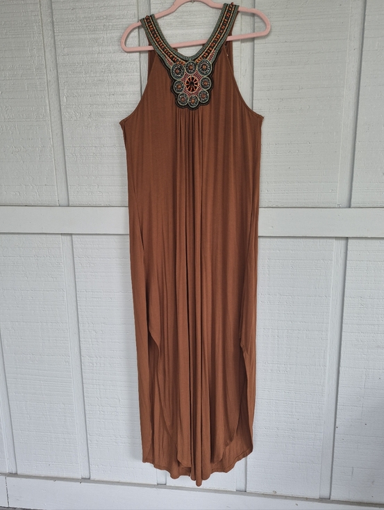 VENUS Dresses & Skirts - VENUS Rust Brown Maxi Halter Dress with Beaded Yoke Front Large Boho Hippie